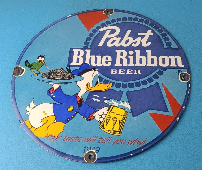 Vintage Pabst Blue Ribbon Beer Sign - Brewery Beverage Gas Pump Porcelain Sign