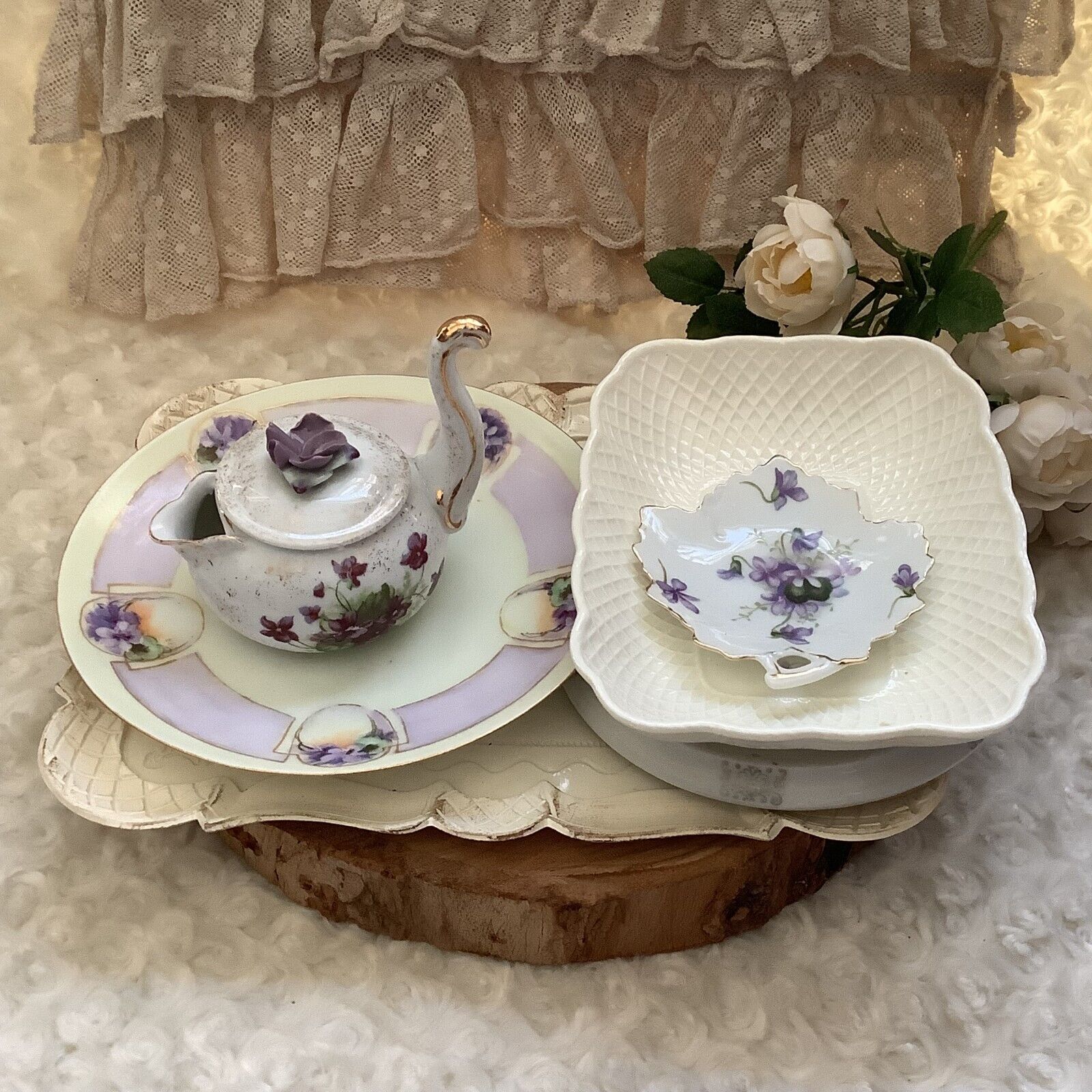 6 Vintage lavender pansies floral porcelain trinket dishes plates creamer trivet