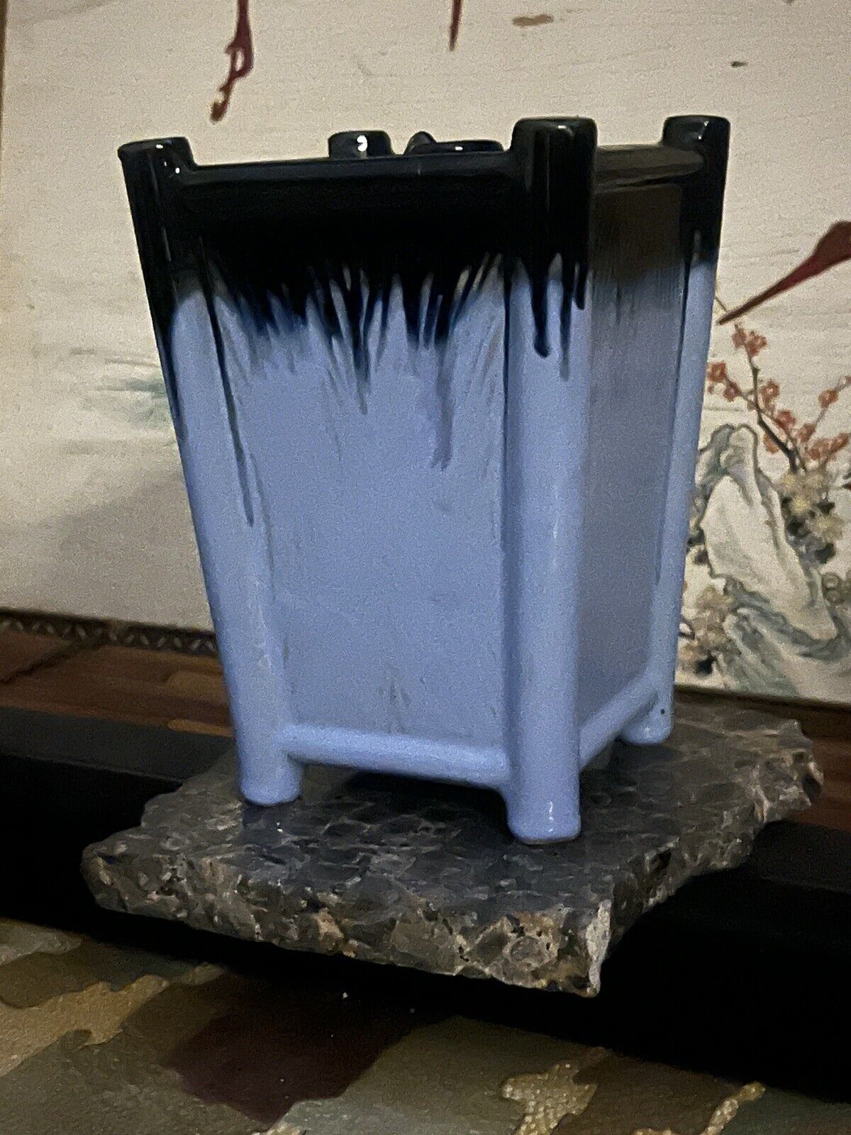 VTG EXCELLENT Blue IKIBANA  rare lantern shape Japan ceramic 11  x 7 footed