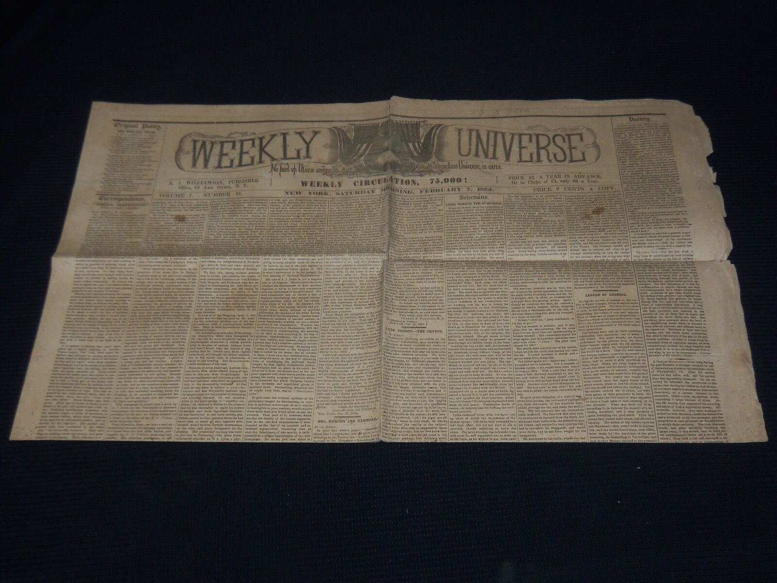 1852 FEBRUARY 7 WEEKLY UNIVERSE NEWSPAPER - NEW YORK - VOL 7 NO. 10 - NP 3879I