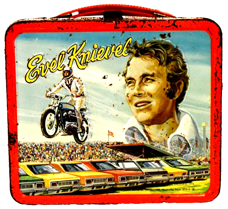 VTG 1974 Aladdin Evel Knievel Metal Lunch Box No Thermos Motorcycle Daredevil
