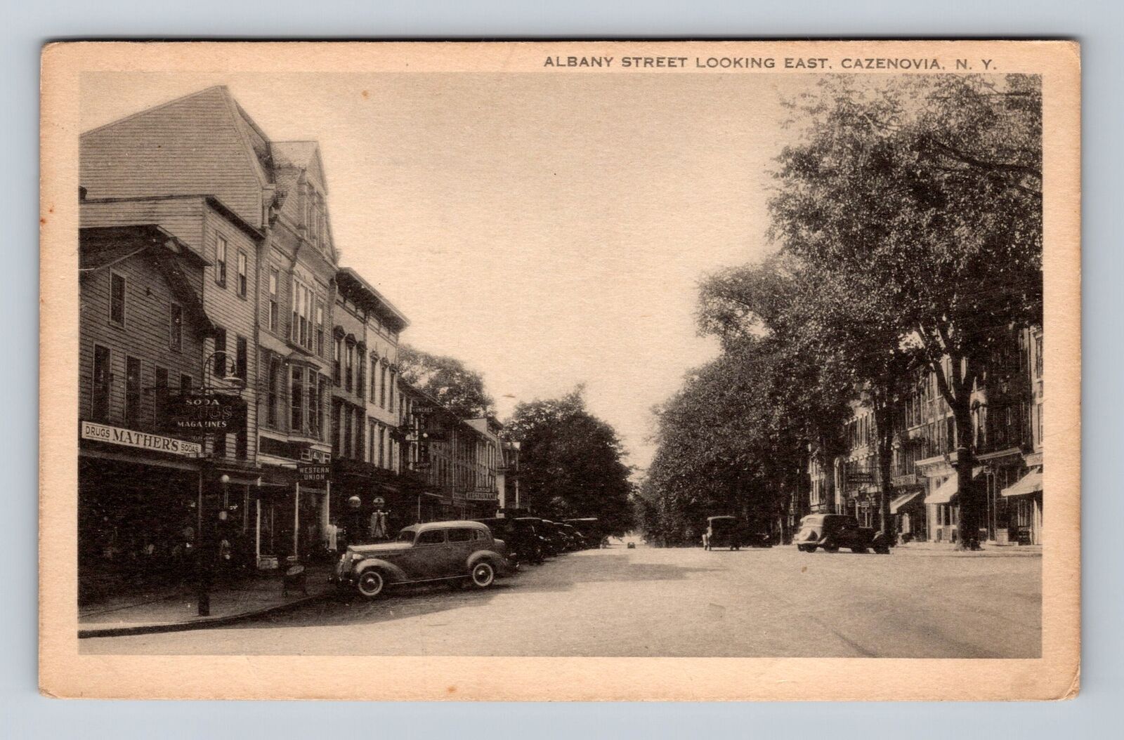 Cazenovia NY-New York, Albany St Looking East, Drugstore, Vintage c1946 Postcard