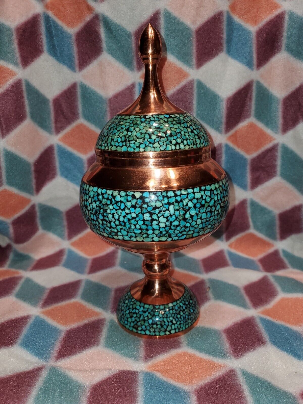 Persian Firoozeh Koobi INLAID Turquoise & Copper Lidded Candy/Nut Jar Signed