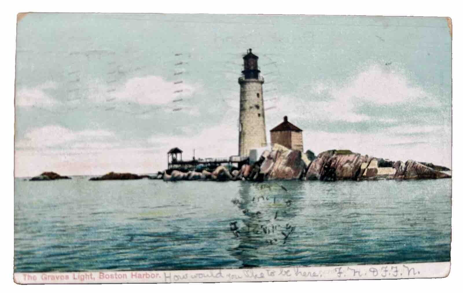 The Graves Light, Boston Harbor. Vintage Postcard 1907