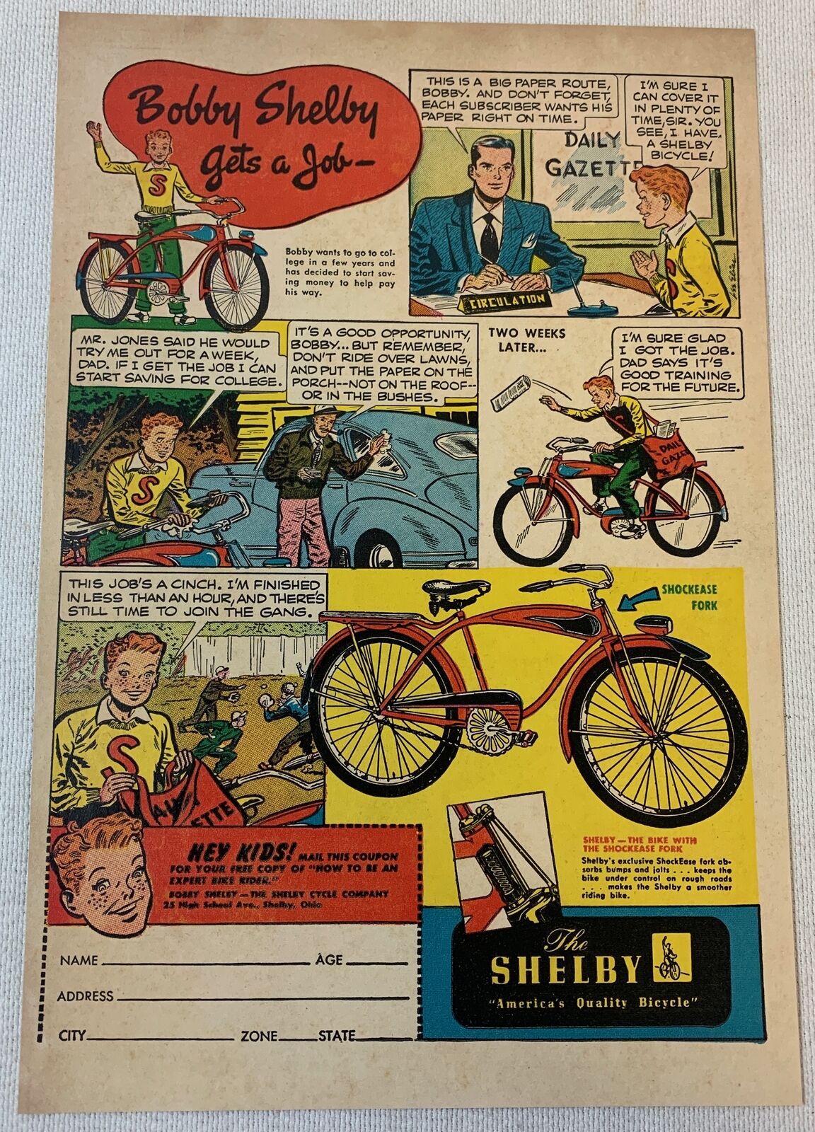 1948 SHELBY bicycle cartoon ad ~ BOBBY SHELBY GETS A JOB newspaper delivery boy