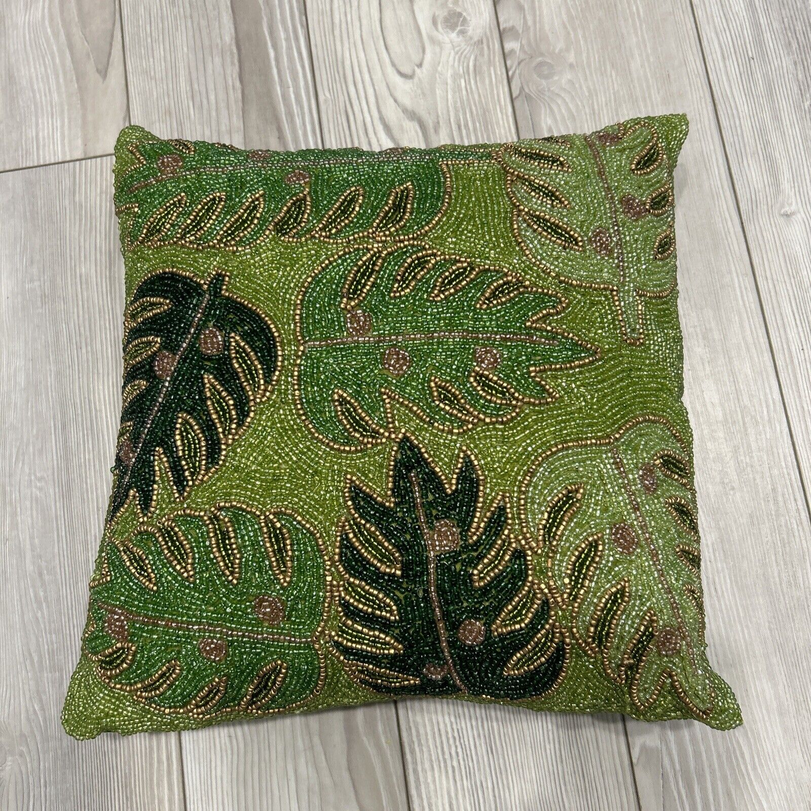Pier 1 Sequins & Beaded Green/Brown  Leaf Print Pillow 13”x 13” Preowned