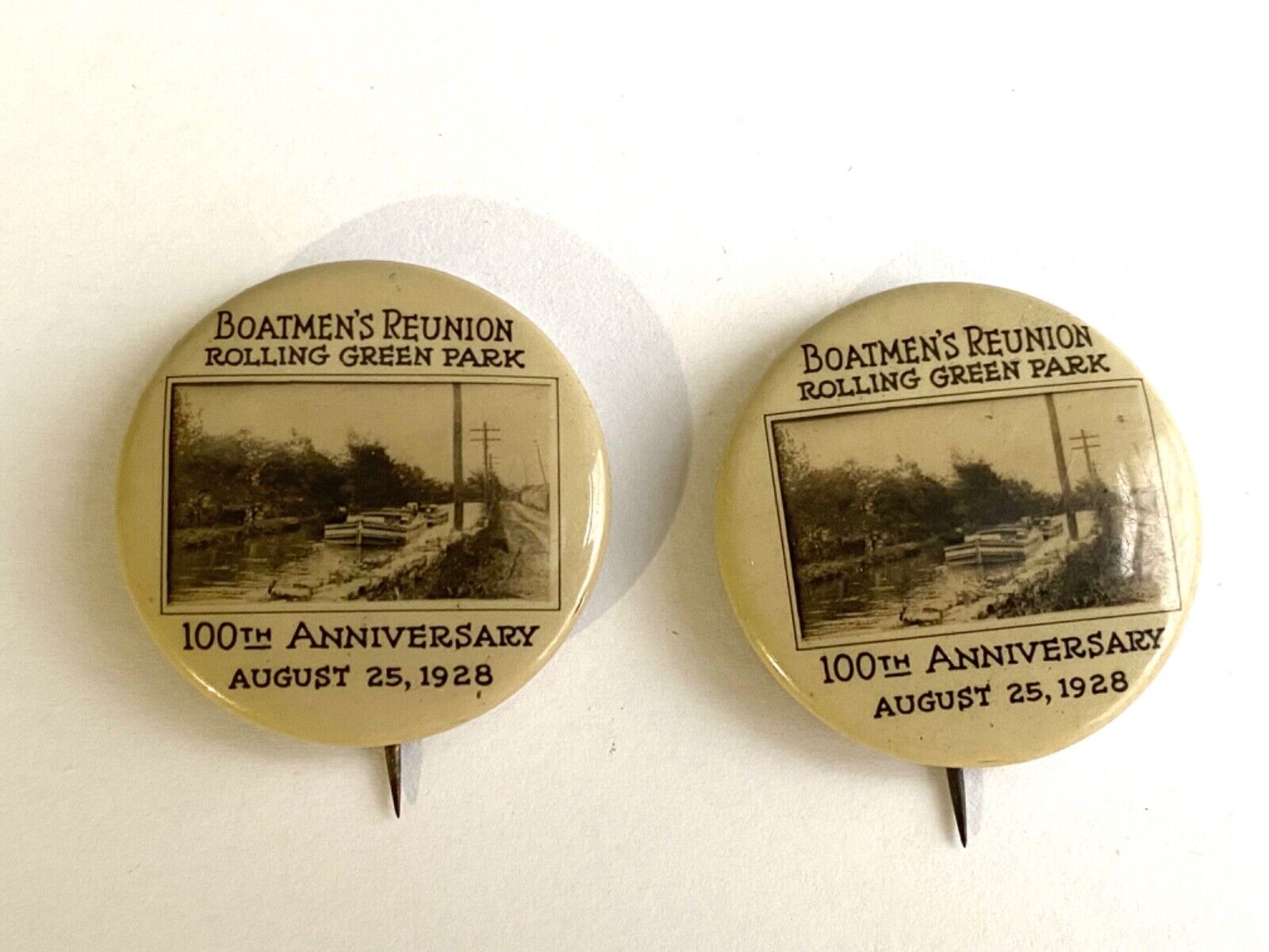 2 Vintage 1928 Boatmen's Reunion Keystone Badge Co. Pinbacks Buttons PA Canal
