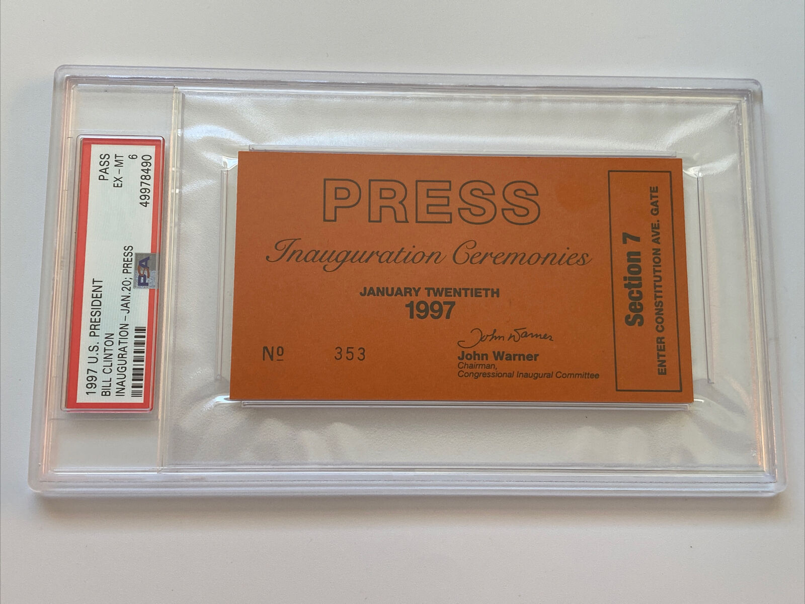1997 President Bill Clinton Inauguration Ticket Orange Press Pass Al Gore PSA