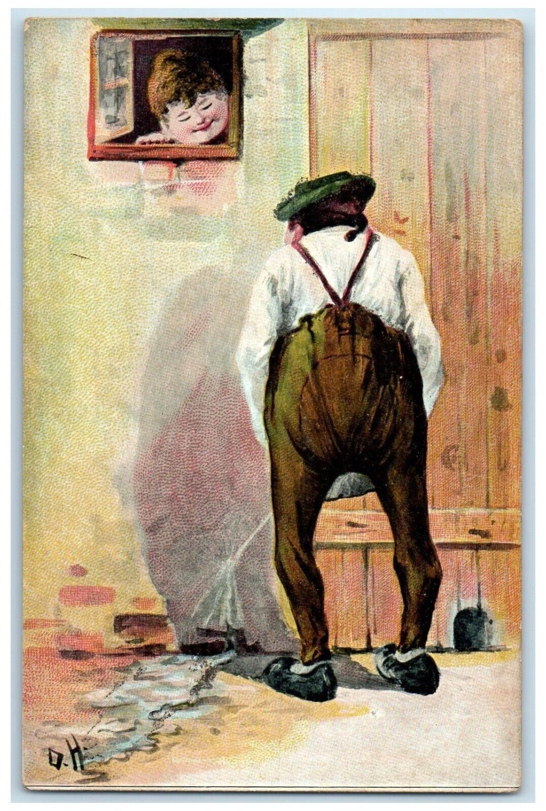 c1910's Drunk Man Peeing Woman On The Window Germany Unposted Antique Postcard
