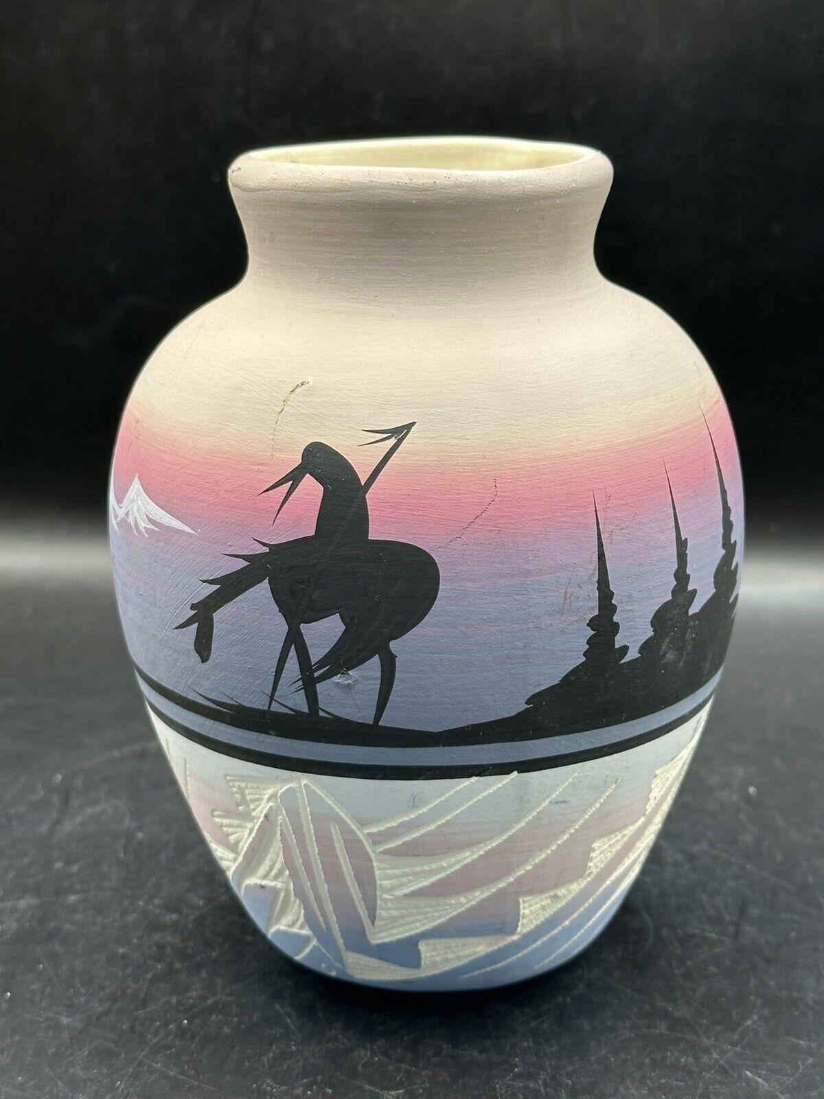 Vintage Etched Pastel Pottery Vase Signed Craig Naval Native American Navajo