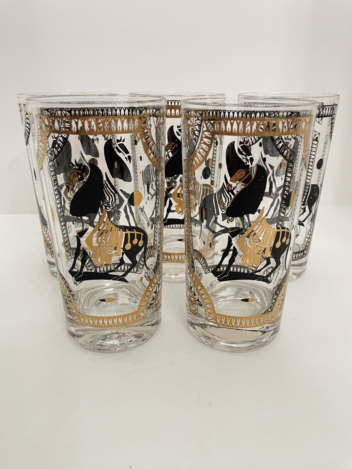 5 Vintage MCM Fred Press Black Gold Horse Collins Highball Glasses Tumblers READ