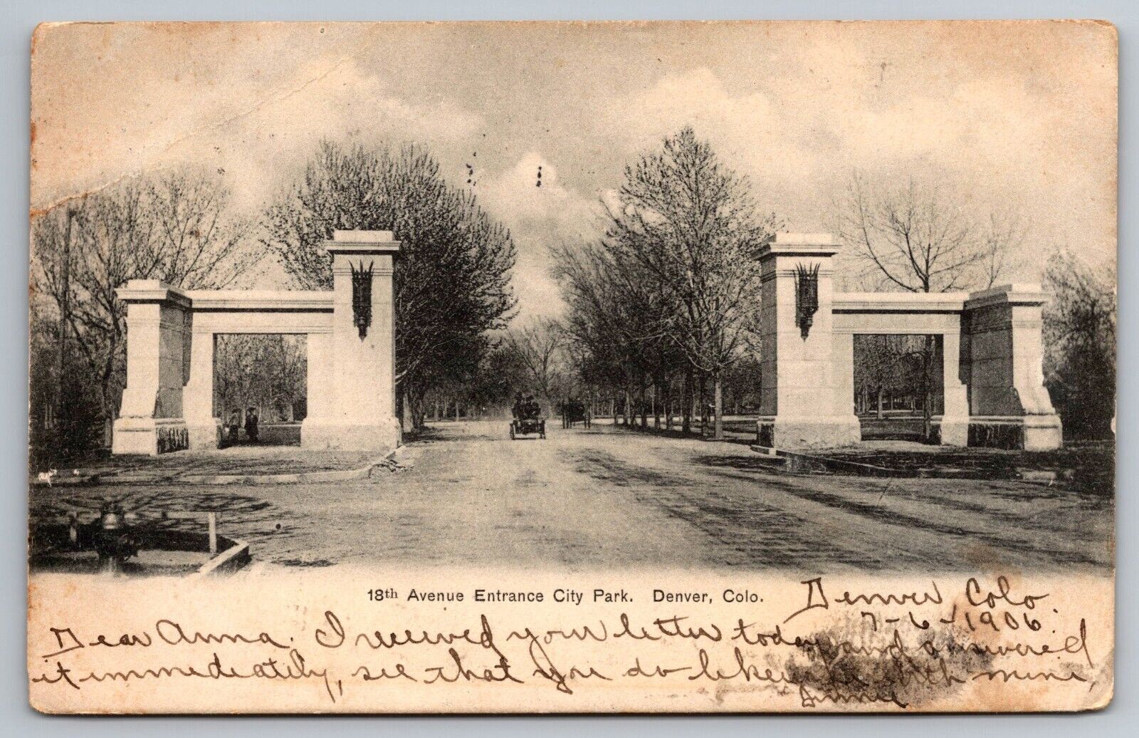 1906. Avenue Entrance, City Park. Denver Colorado Vintage Postcard