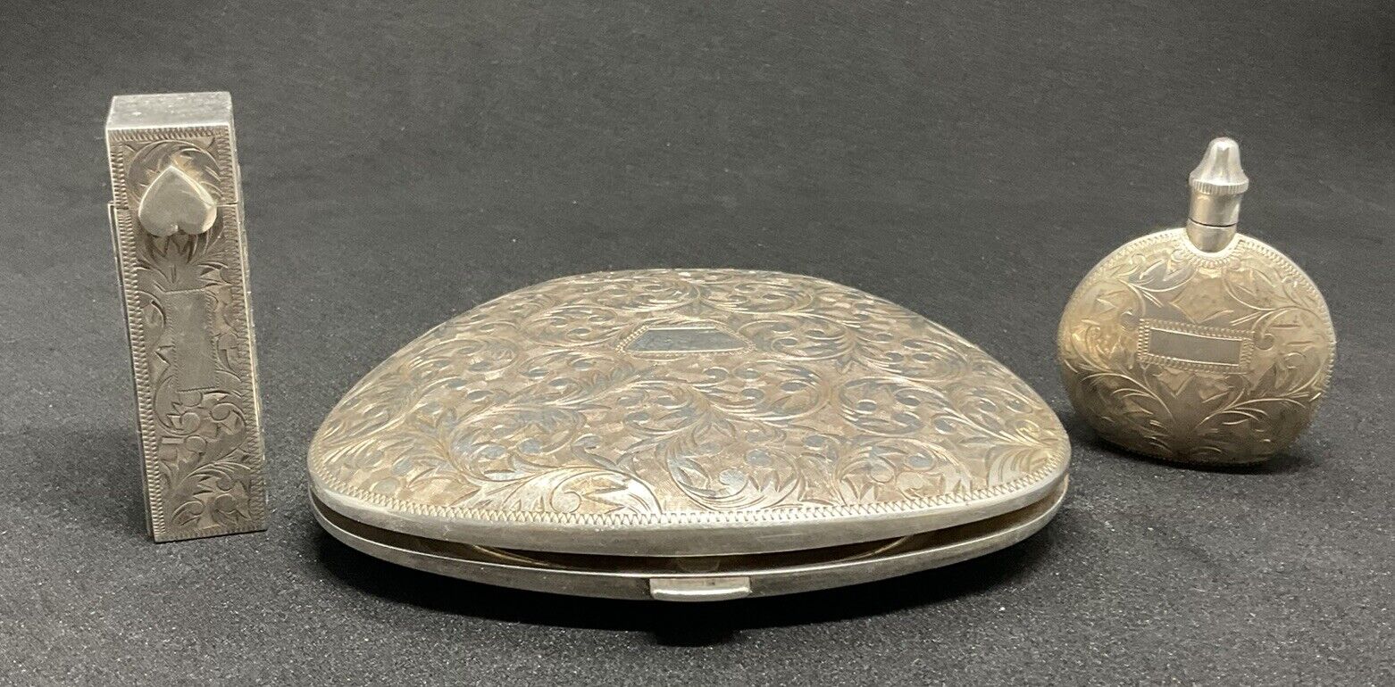 Antique Victorian Sterling Silver Mirrored Compact, Lipstick, Perfume 240 grams