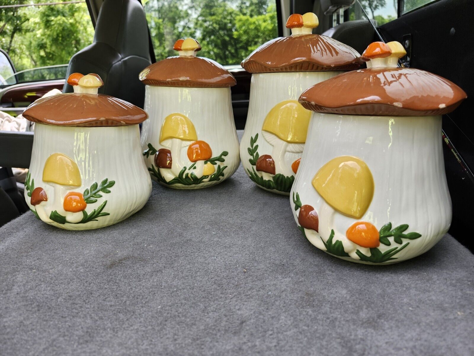 Vintage Arnel's Handmade Hand Painted Ceramic  Mushroom Jar Canister Set 4