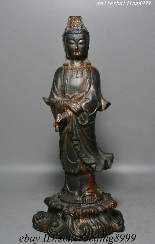 10” Old Folk China Tibet Buddhism Bronze Guan Yin Kwan-Yin Goddess Buddha Statue
