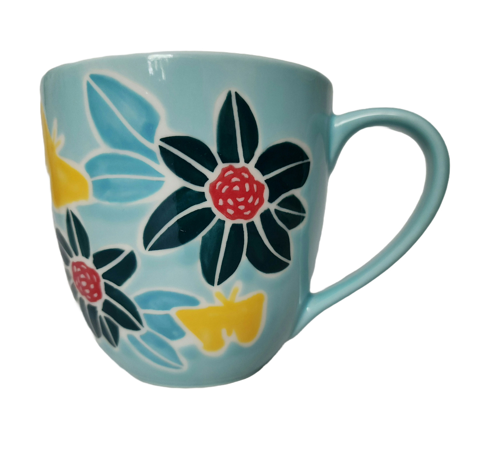 2006 Starbucks 16 fl oz Ceramic Coffee Tea Mug Blue Yellow Butterflies Flowers