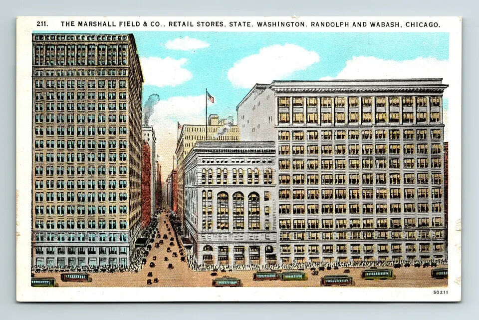 c1914 WB Postcard Chicago IL Marshall Field Co. Randolph Wabash Trolleys