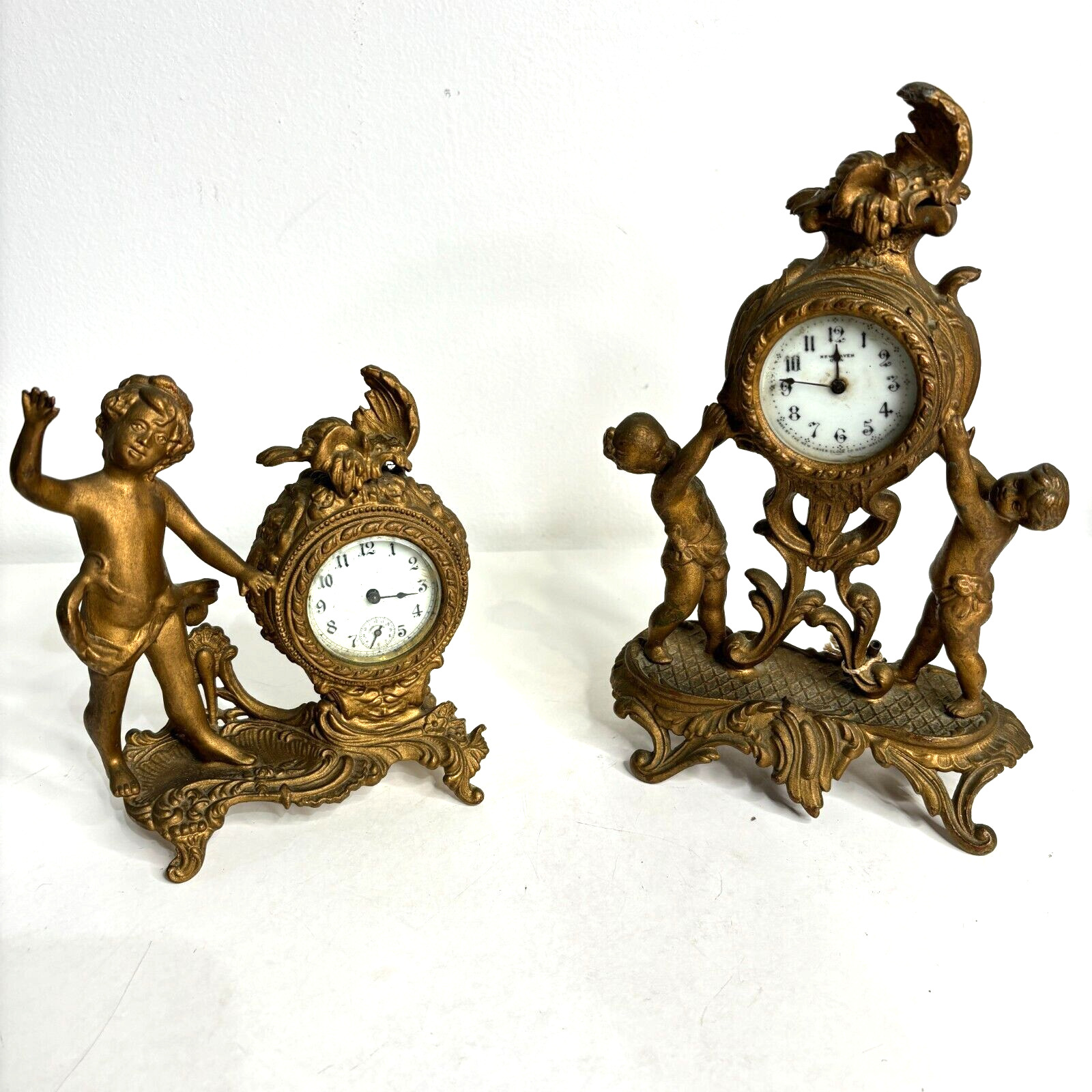 Antique New Haven Clock Company Ornate Cherub Mantle Clock Boudoir Victorian Set
