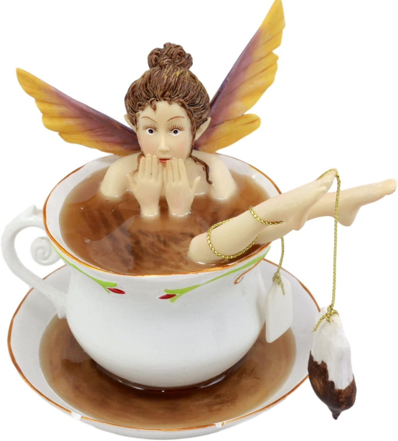 Ebros Magical Encounters Shocked Fairy Bathing in Tea Cup with Cracked Saucer De
