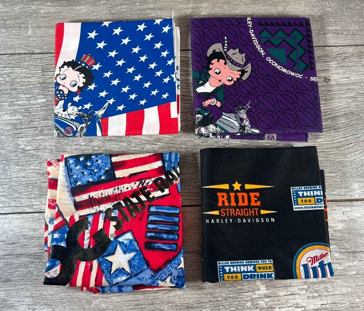 Lot of 4: Harley Davidson Bandanas Handkerchiefs Betty Boop USA FLAG Miller Lite