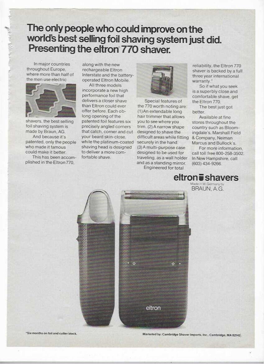 Eltron 770 Shaver Made By Braun, A.G. 1978 Old Vintage Print Advertisement