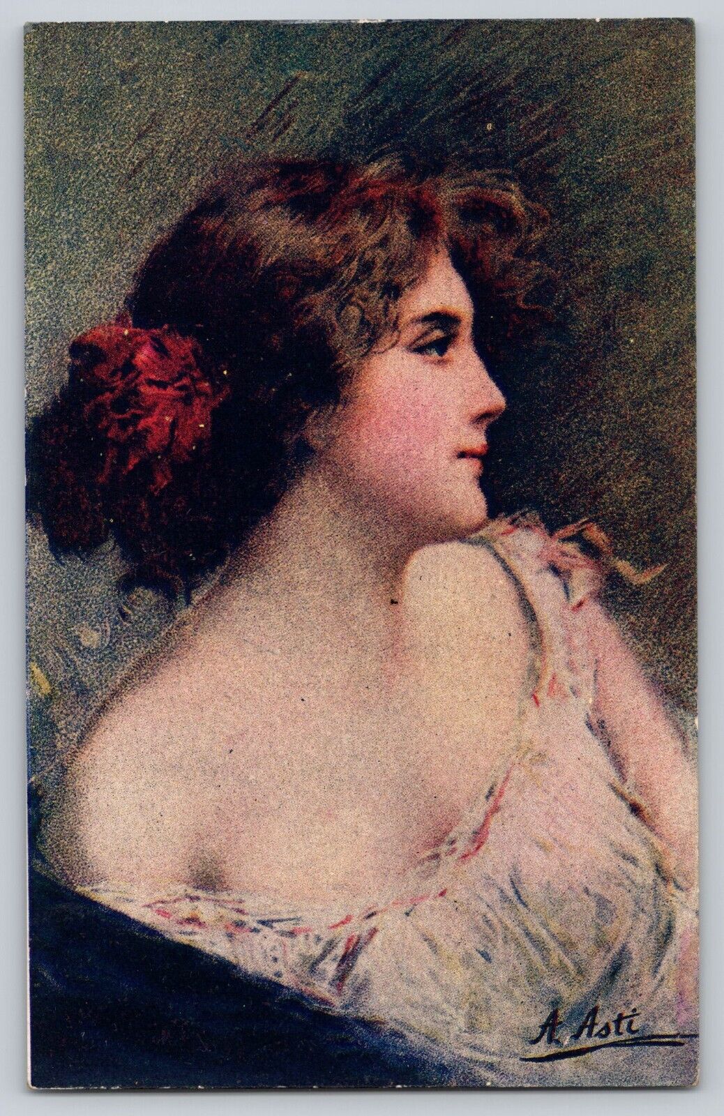Postcard A Asti Artist Signed Romantic Painting Of Beautiful Woman In Profile