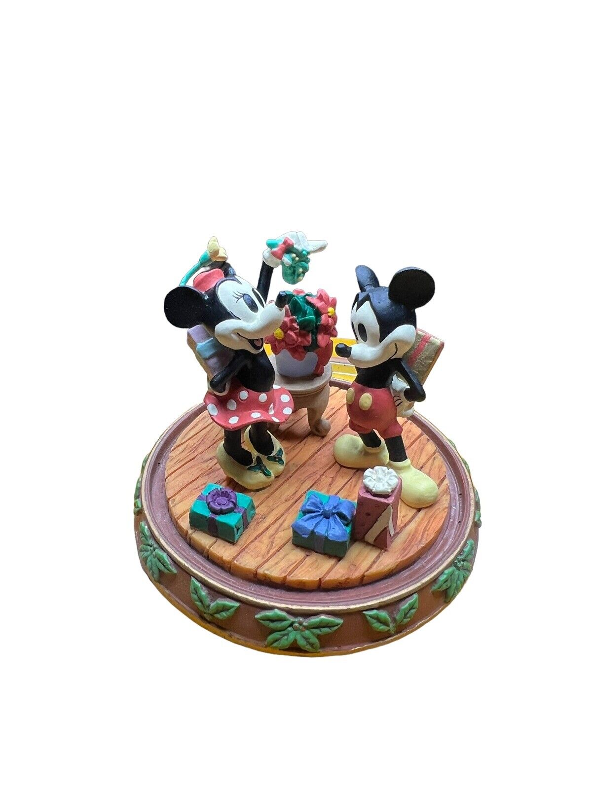 Vintage Disney Christmas Decor Mickey & Minnie Mouse Mistletoe Figure Glass Dome