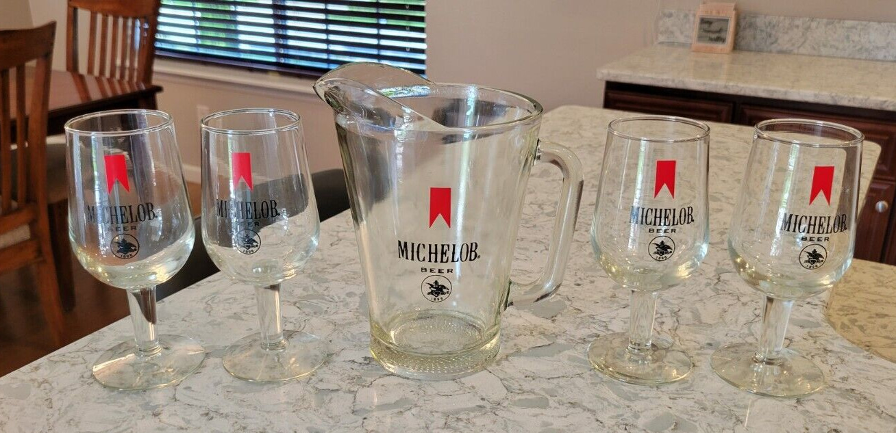 Michelob Pilsner Beer Glass Glasses 9 oz with Picture Vintage Set of 5 Barware