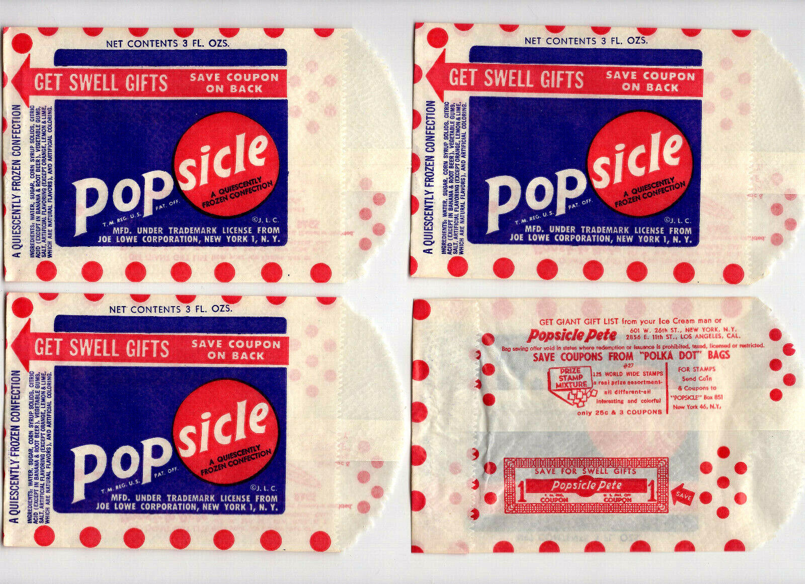 4 Vintage 1950’s Popsicle Bags/Wrappers, Unused