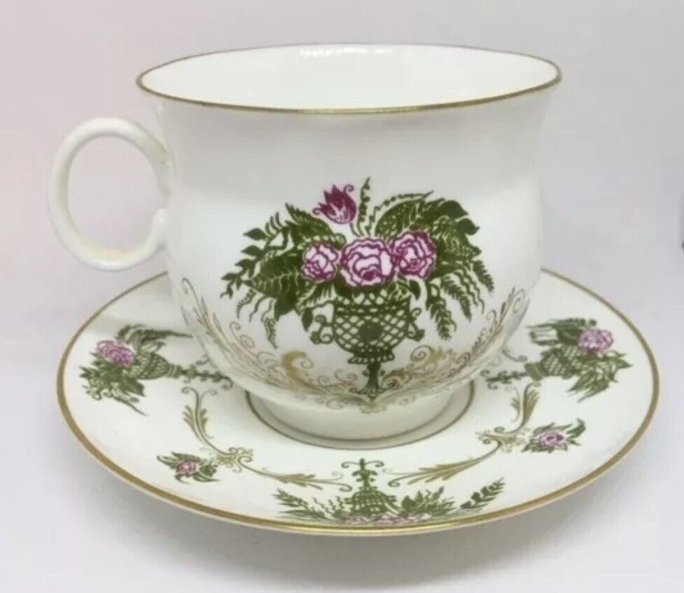 LFZ Vintage USSR Lomonosov porcelain teacup/saucer floral fern Russia Soviet