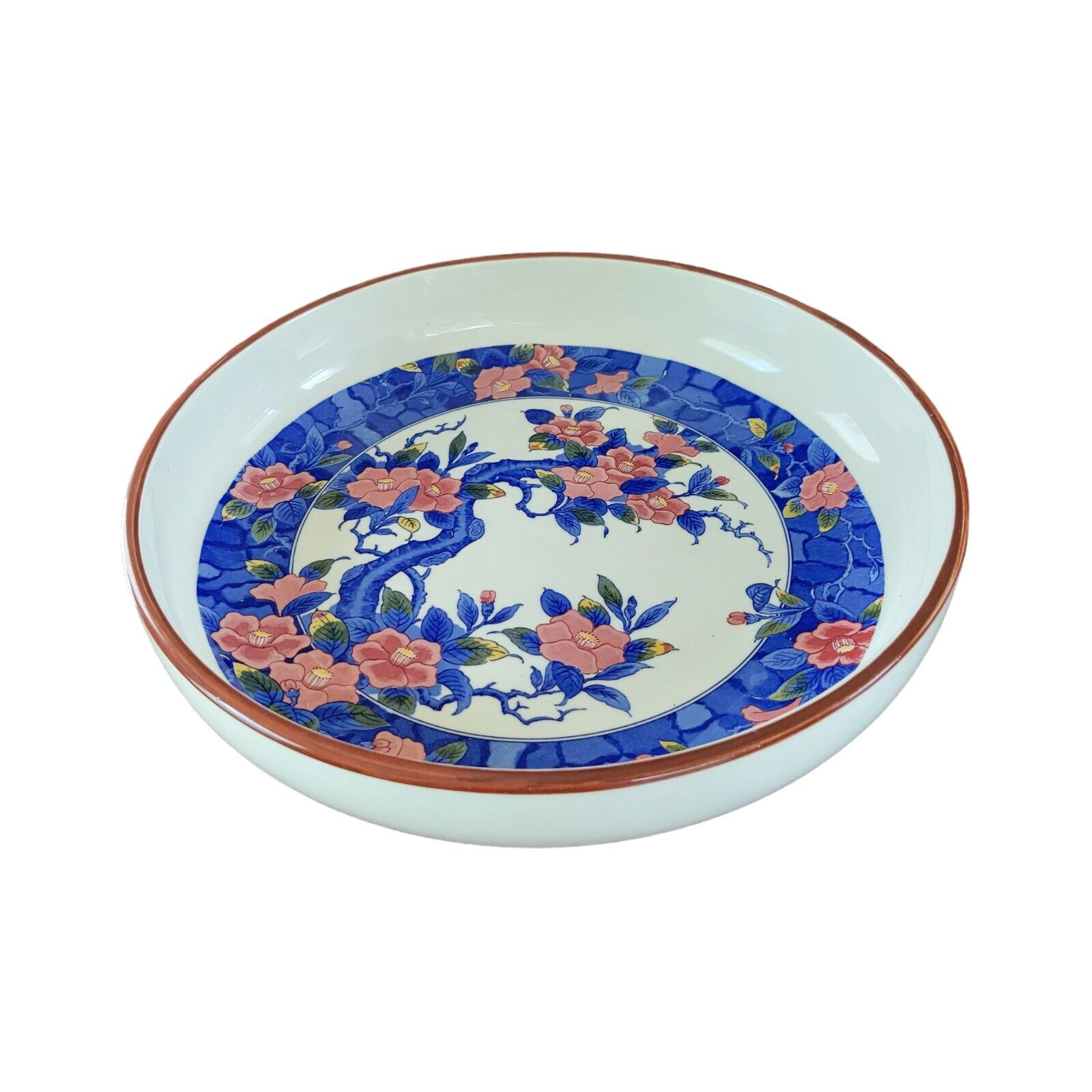 Large Vintage Japanese Porcelain Ceramic Shallow Serving Bowl White Blue Floral.