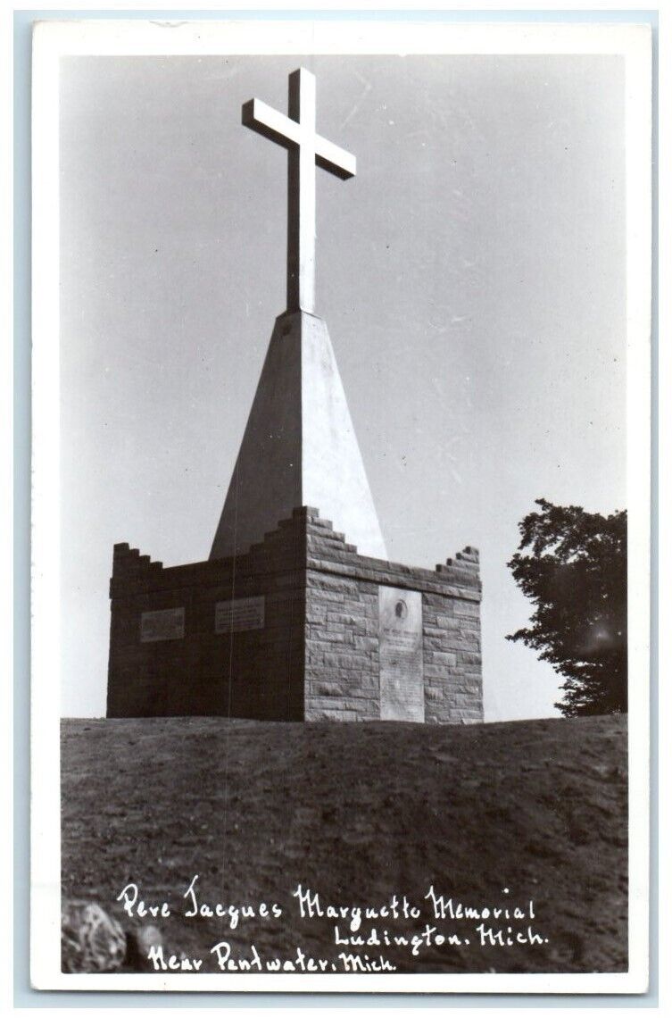 c1950's Pere Jacques Marquette Memorial Cross Ludington MI RPPC Photo Postcard