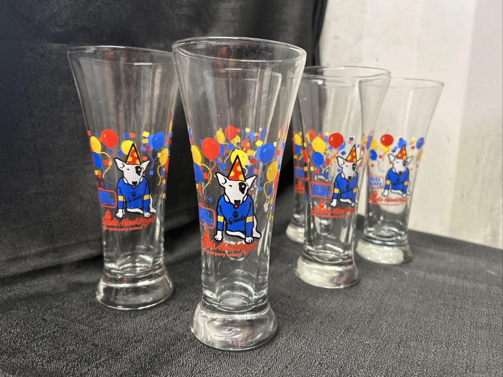 Set of 6 Vintage 1987,88 & 91 Spuds  Mackenzie - Bud Light Pilsner Beer Glasses