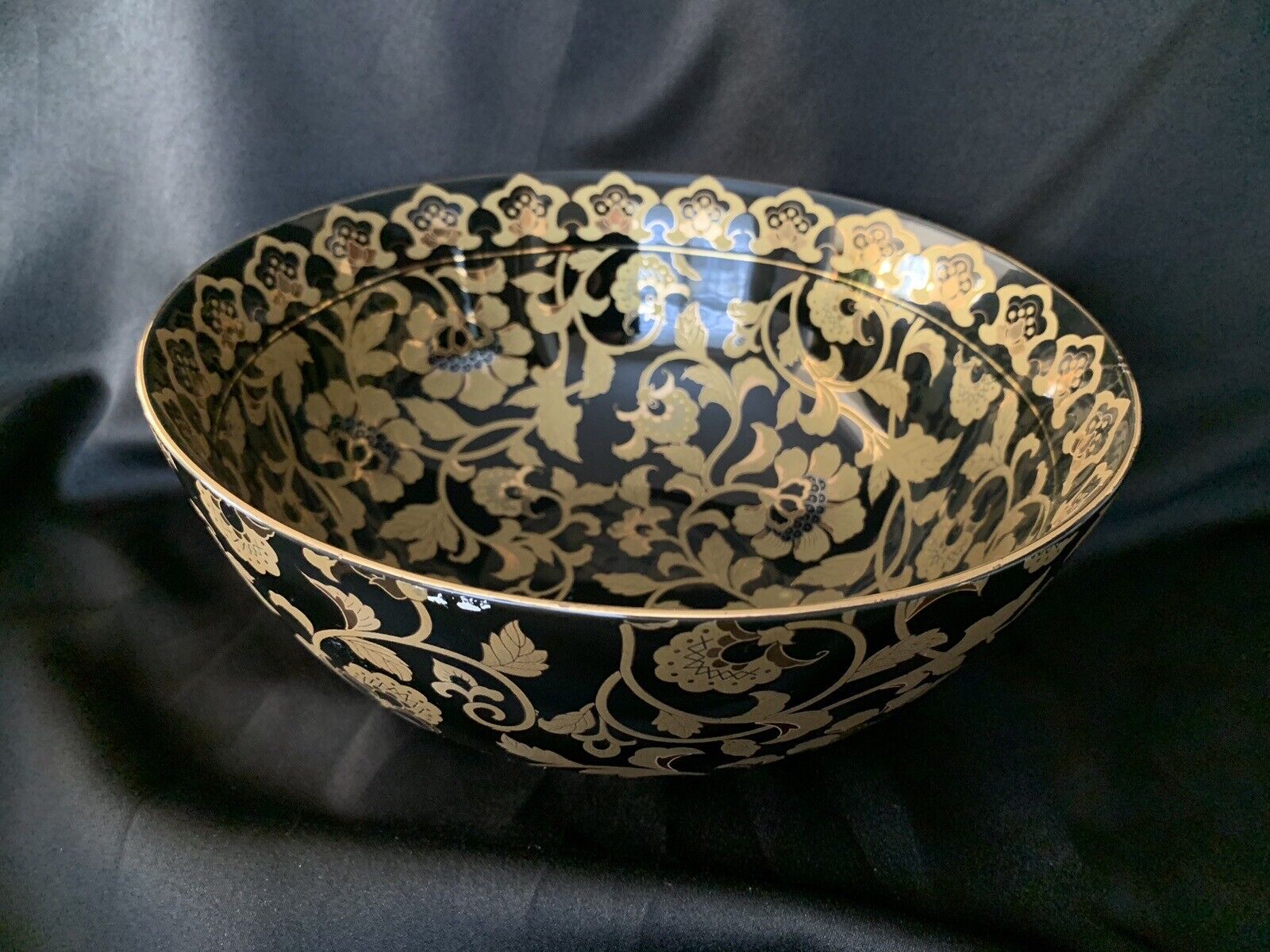 Asian Porcelain Bowl Tapestry Black And Gold Motif Chinese Floral Decorative