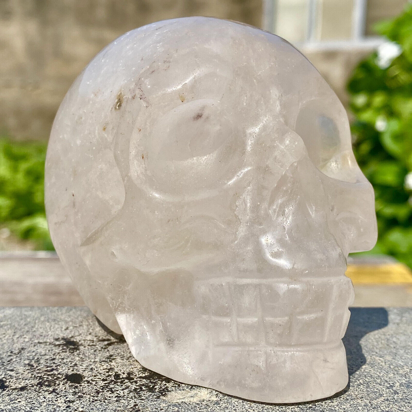 1.9LB  Natural Clear White Quartz Hand Carved Maya Crystal Skull Reiki Healing