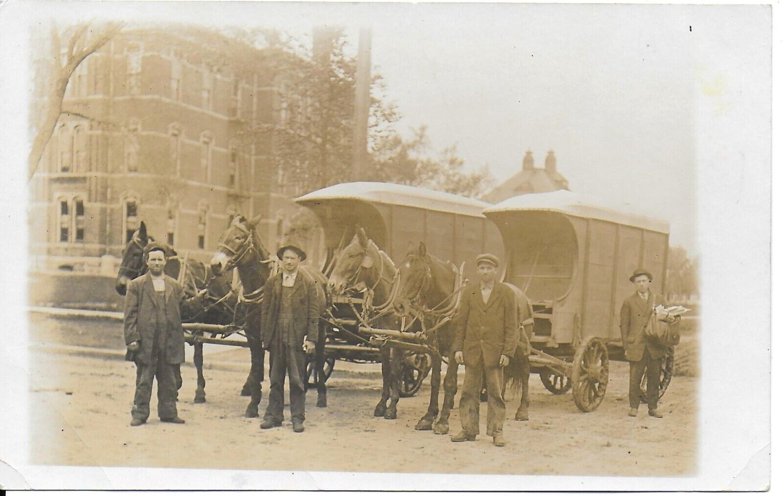 RPPC of 2 Horse Drawn Ice Delivery Wagons & a Postman in Towanda Kansas c1905-10