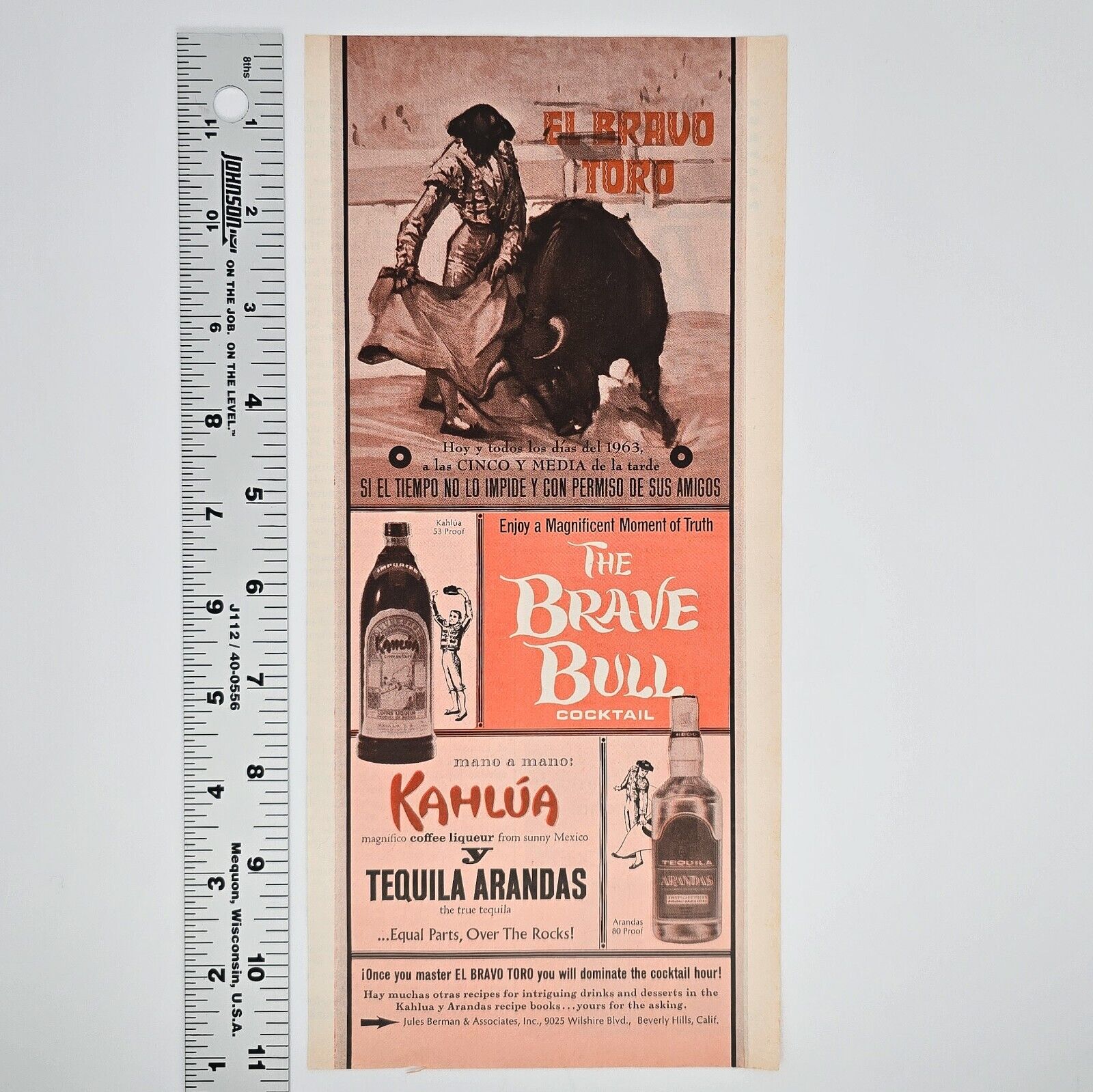 KAHLUA The Brave Bull Cocktail Vintage Print Ad Coffee Liqueur Midcentury Bar