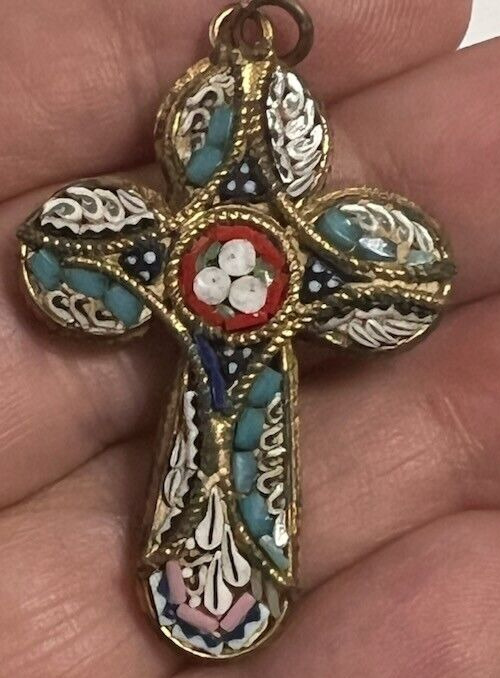 Antique Micro Mosaic Cross Made Italy Brass Metal Large 1.5