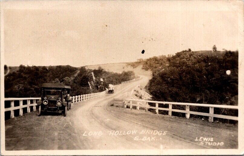 RPPC Postcard Old Cars on Long Hollow Bridge Sisseton South Dakota SD 1928  5474