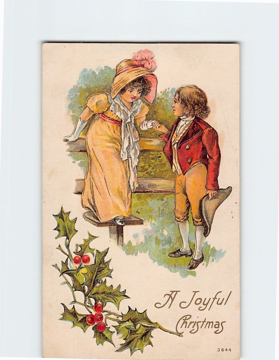 Postcard Embossed Girl & Boy Holiday Art Print A Joyful Christmas Greeting Card