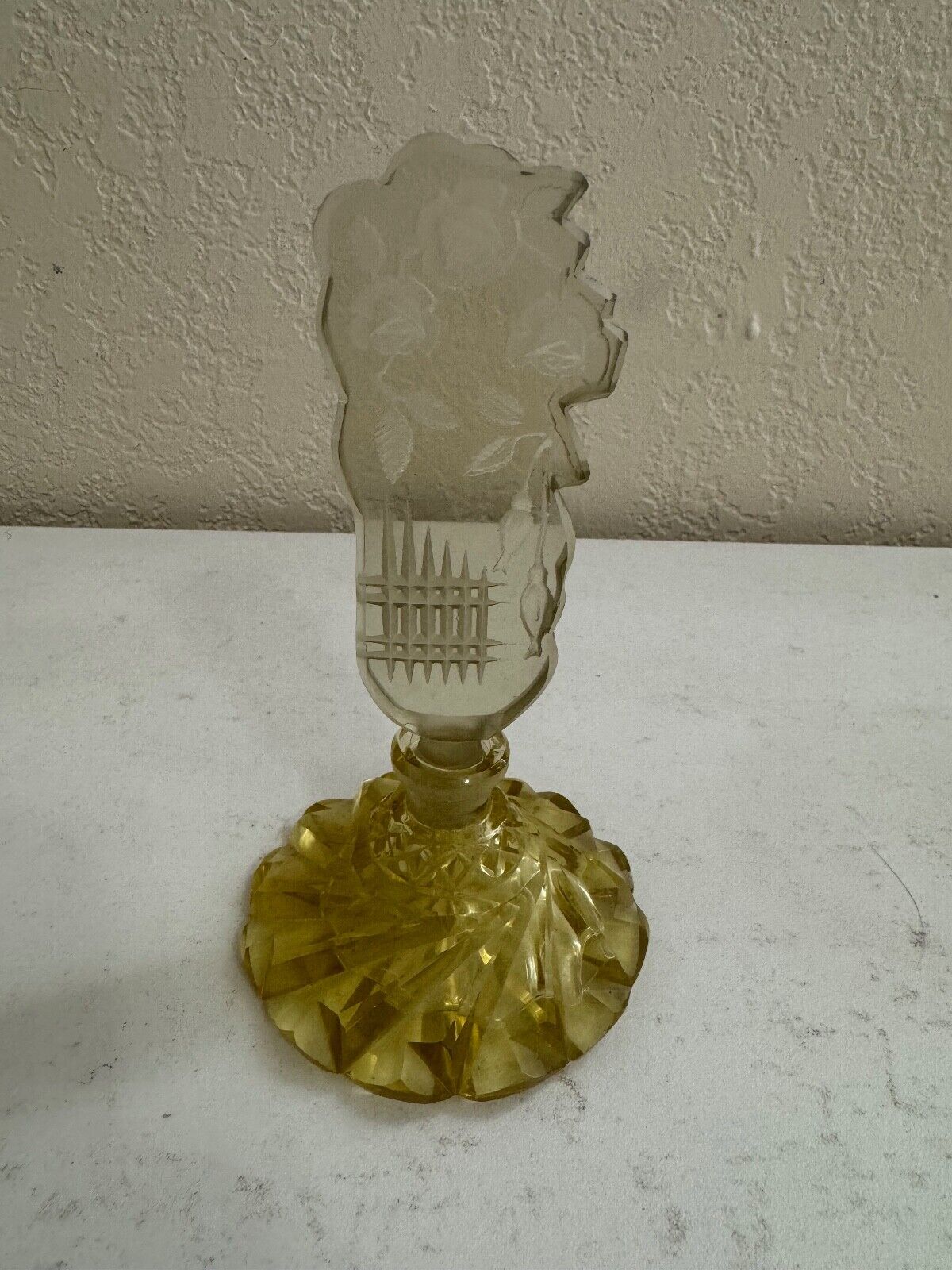 Vintage Czech Yellow Glass or Crystal Perfume Bottle Floral Stopper w/ Dauber