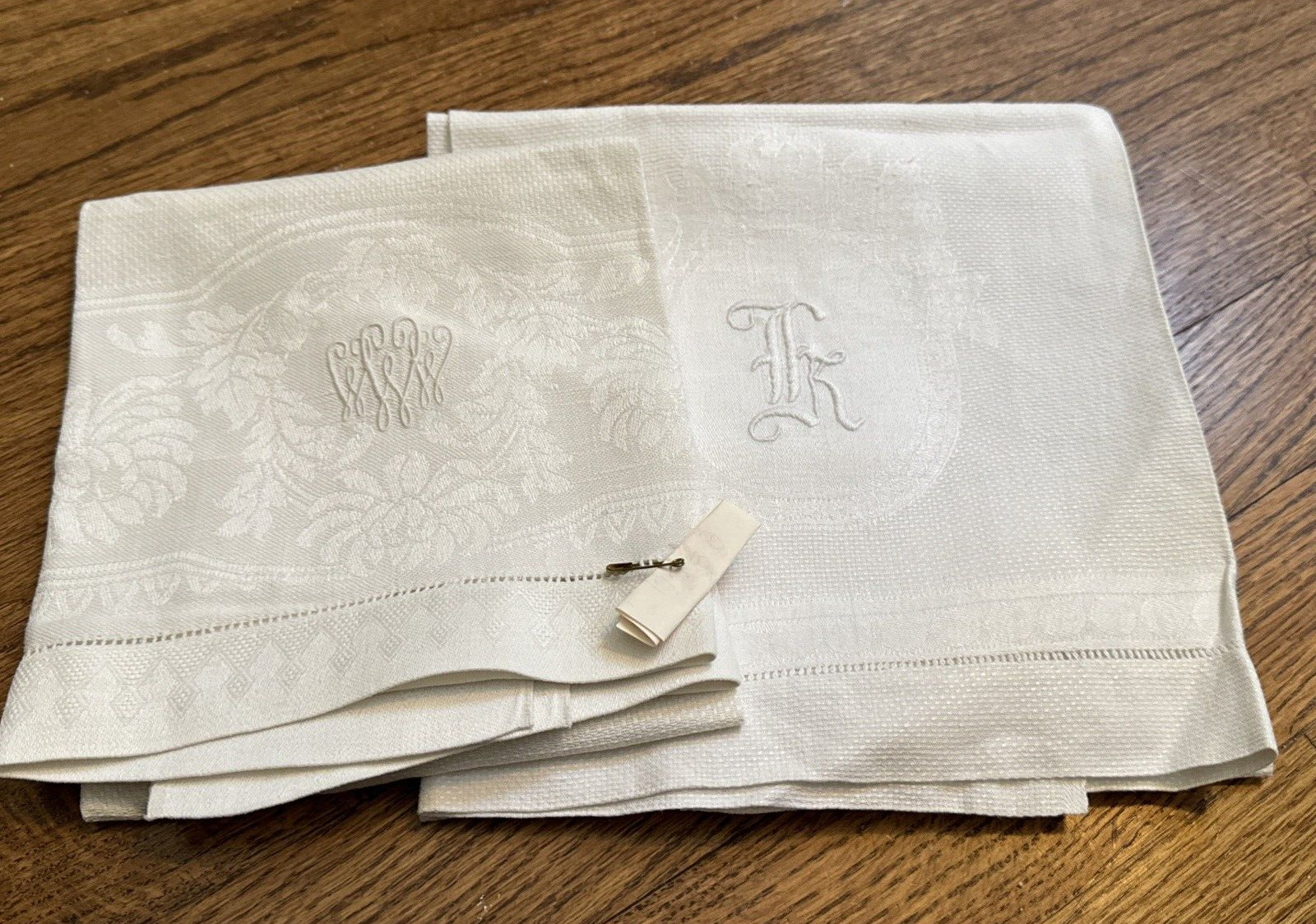 LOT OF 2: Linen Damask Towels (see pics for sizes) - Monogrammed NICE CONDITION
