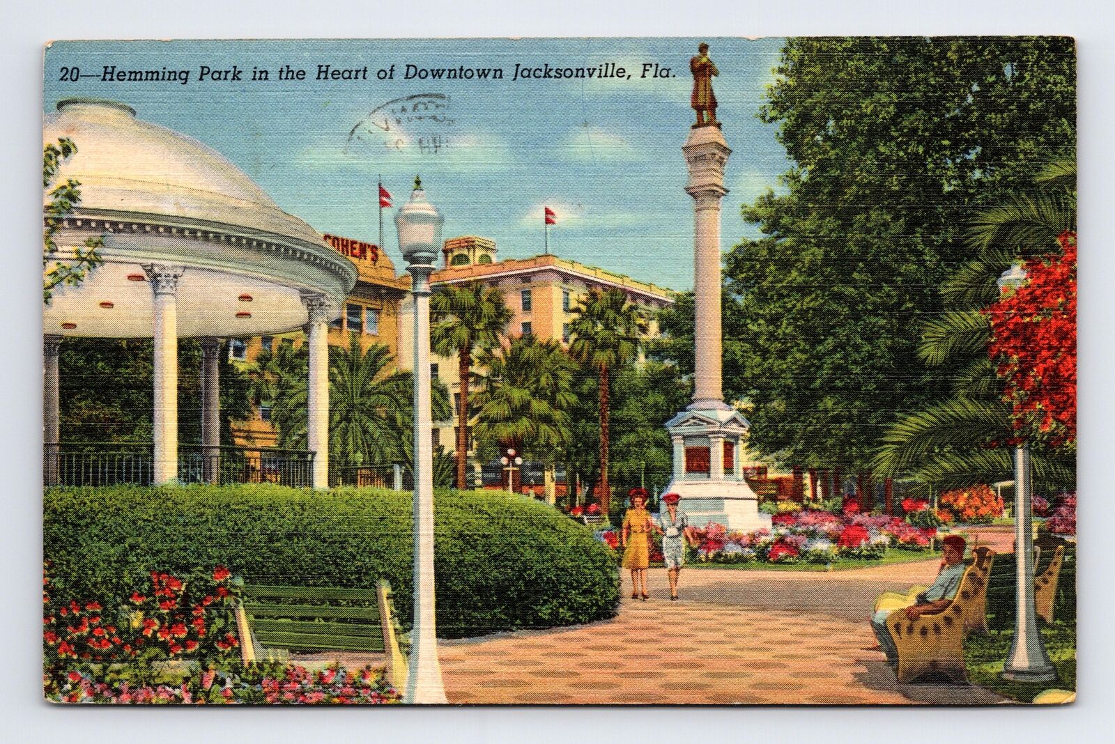 c1953 Linen Postcard Jacksonville FL Florida Hemming Park Downtown
