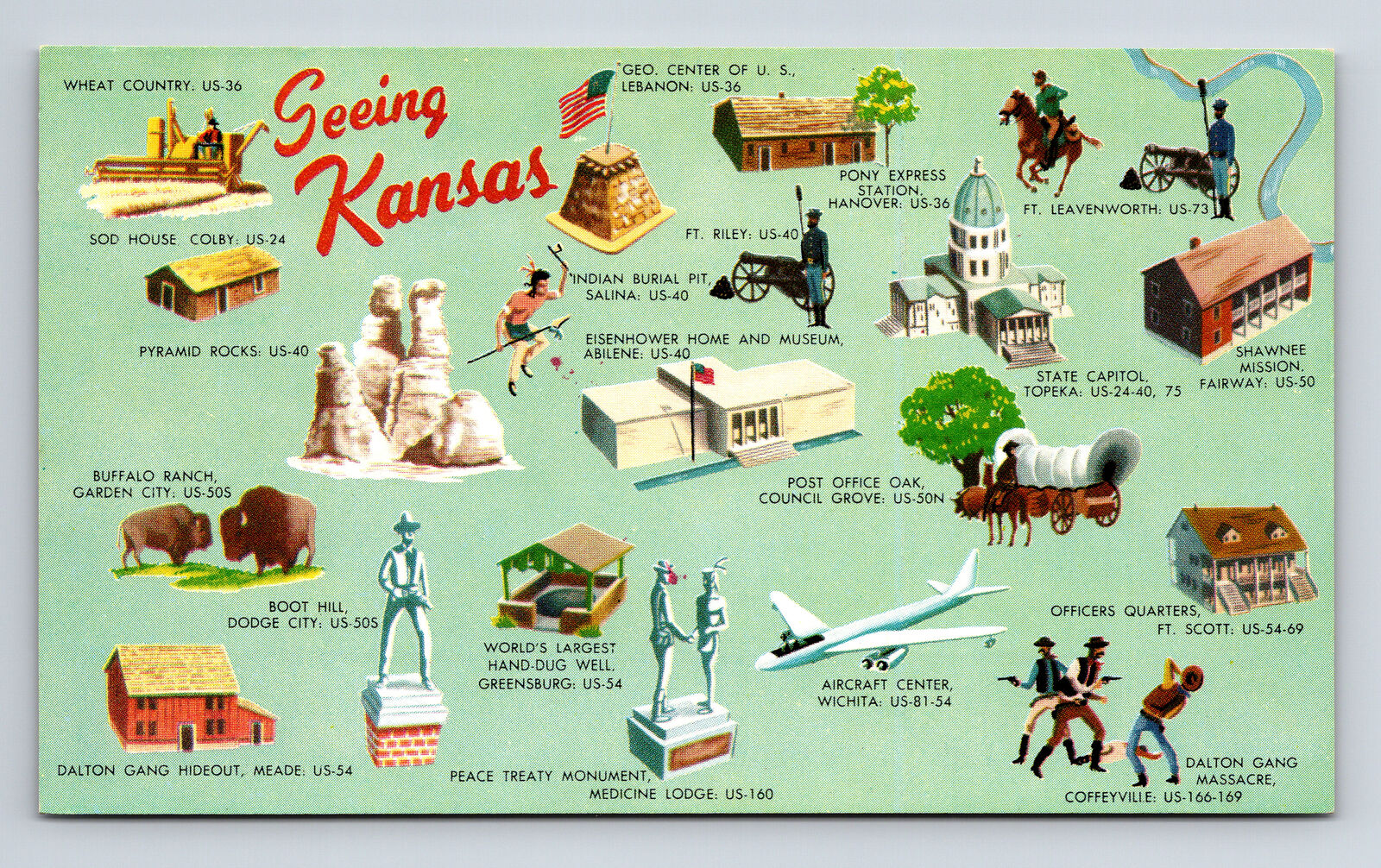 Pictorial Tourist Landmarks Dalton Gang Greeting Seeing Kansas KS Postcard