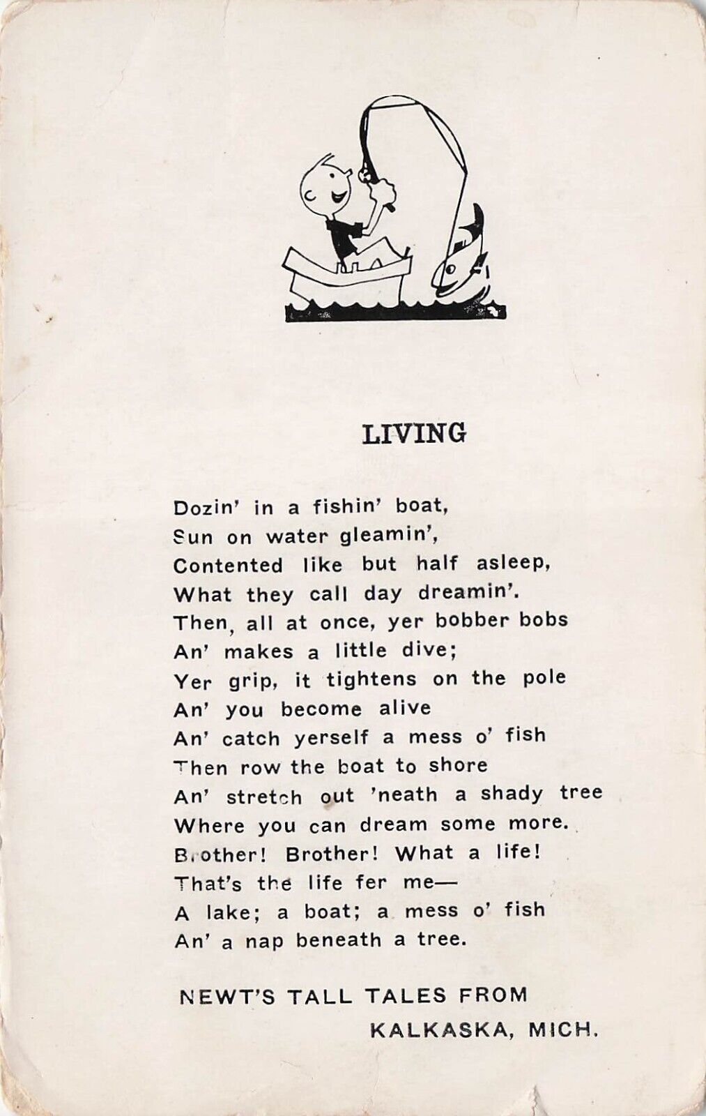 Kalkaska MI Michigan Newt's Tall Tales Fishing Poem White Cloud Vtg Postcard D65