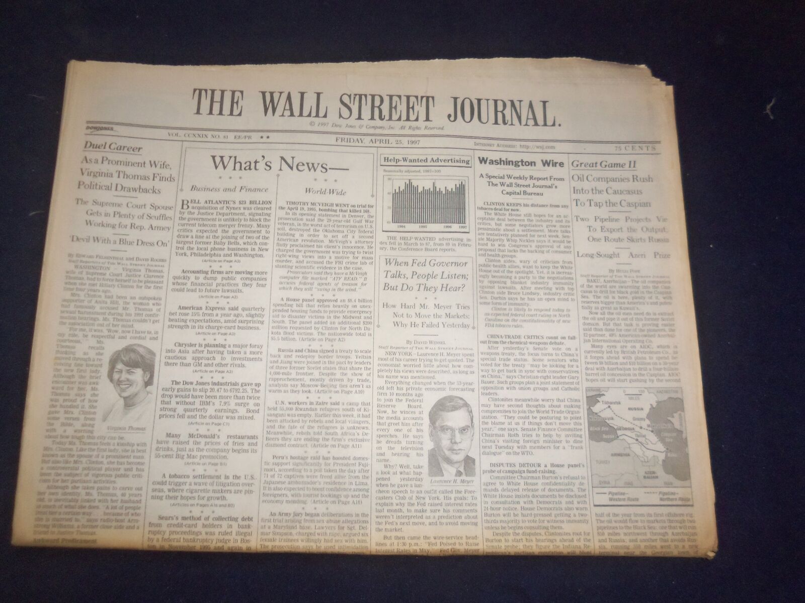 1997 APRIL 25 THE WALL STREET JOURNAL - VIRGINIA THOMAS FINDS DRAWBACKS - WJ 74