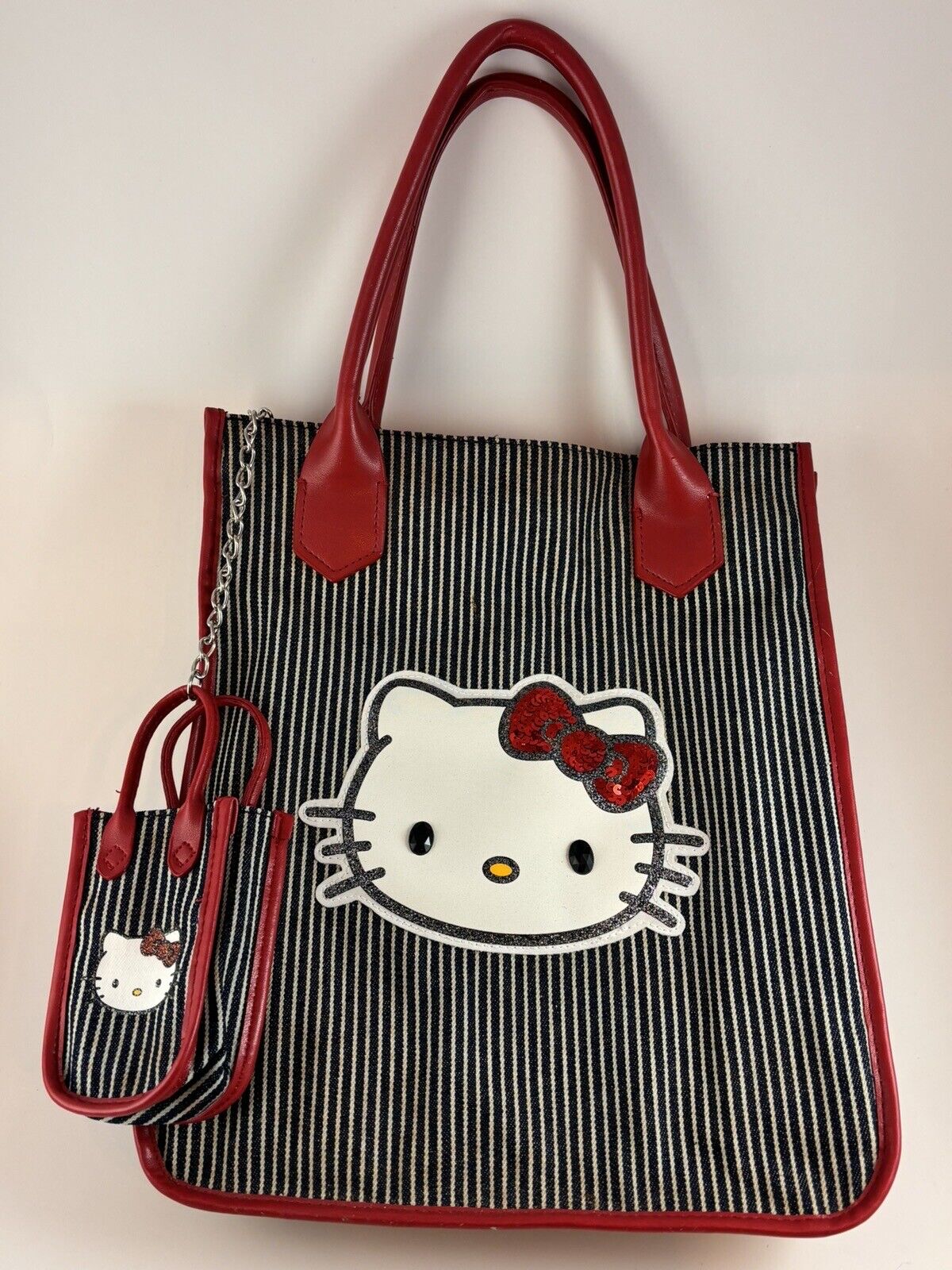 VTG Sanrio Hello Kitty Tote Bag with micro matching tote striped red trim EUC