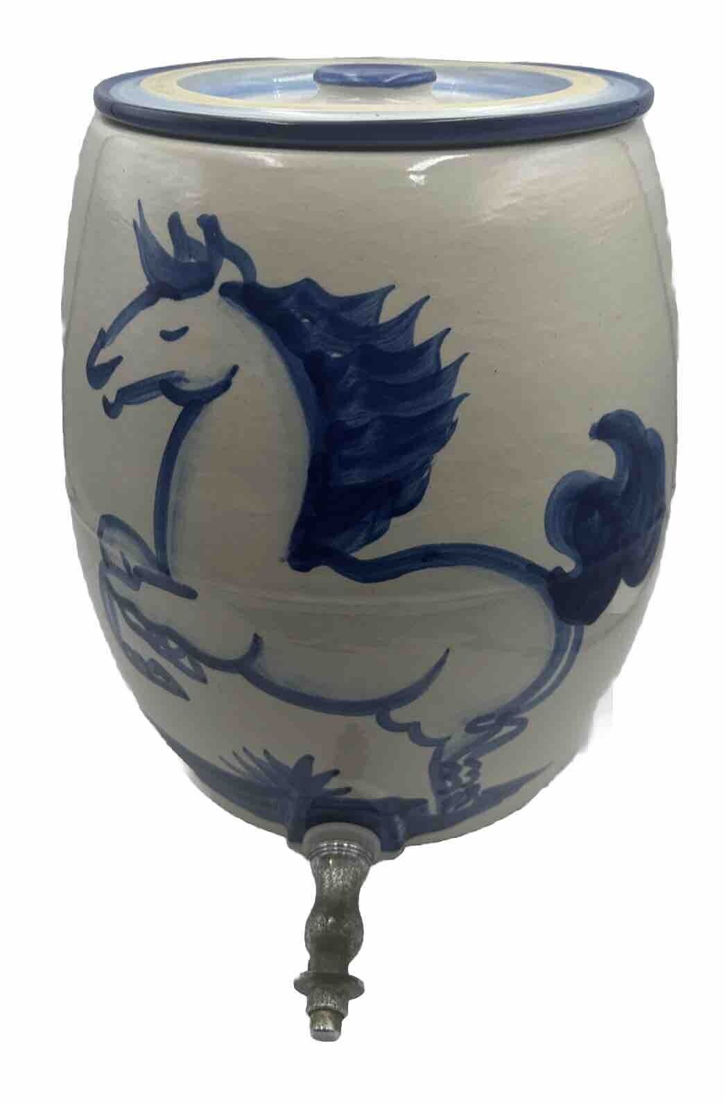 MA Hadley Blue Horse Water Cooler with Lid Stoneware Pottery