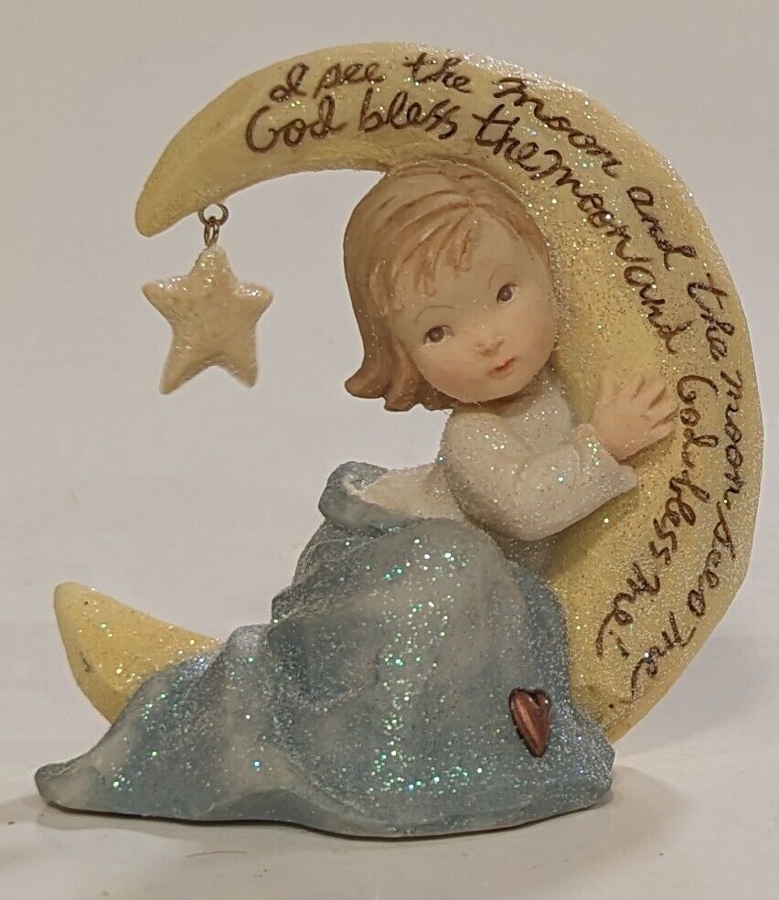 Enesco, Little Baby on Moon & Star Figurine, Girl, Glitter, Vintage  2003 #11209