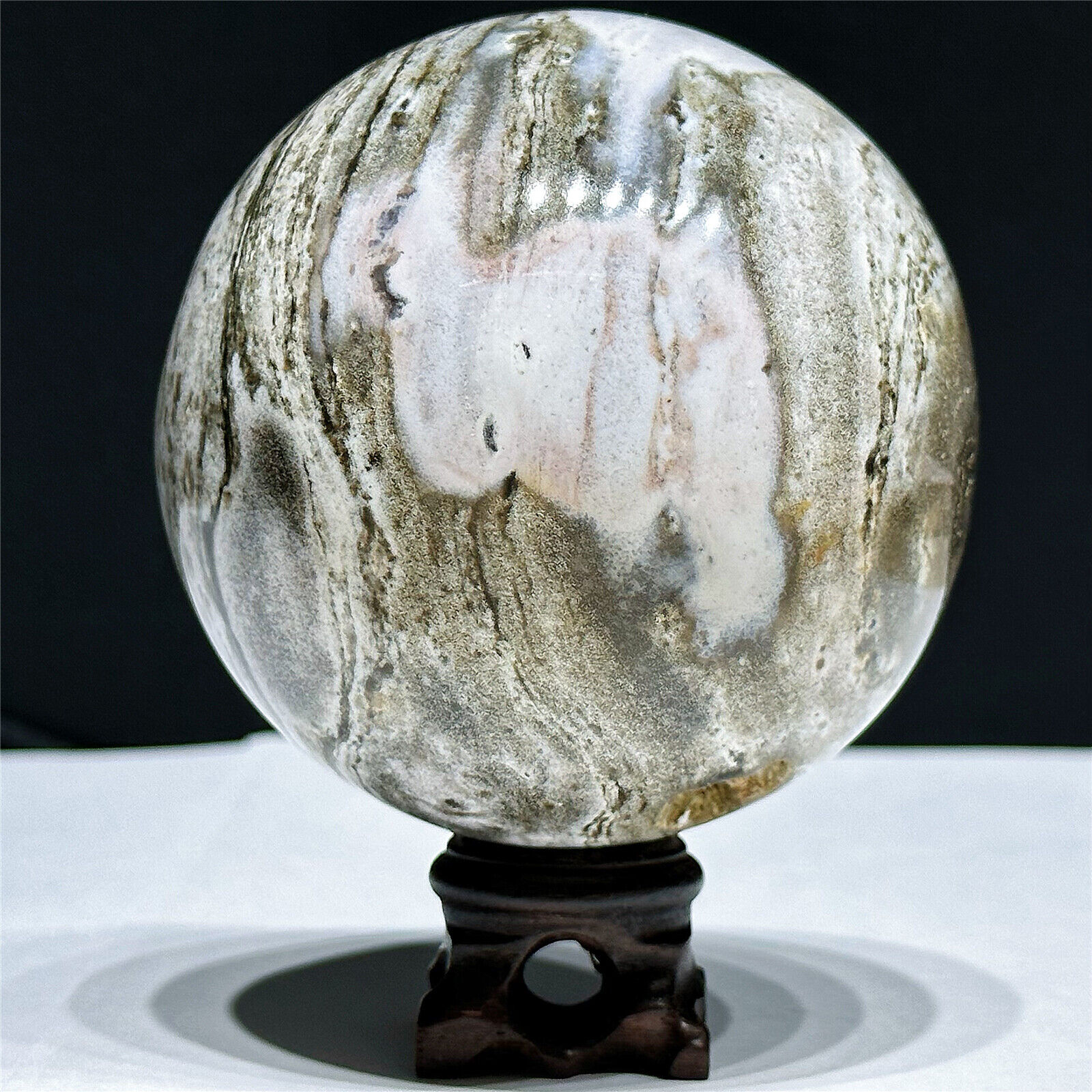 86MM 1.9LB Natural Druzy Ocean Jasper Sphere Quartz Crystal Ball Healing +Stand